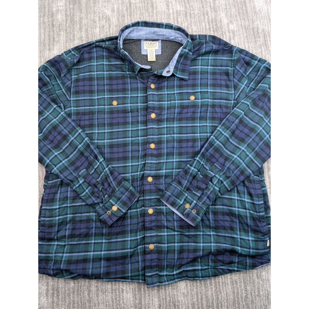LL Bean Fleece Lined Shacket Shirt XL Blue Green Plaid Snap Button 516110 Mens